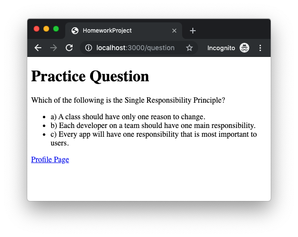 Screenshot of Question webpage