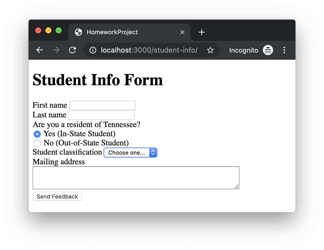 A web page with a student info form.