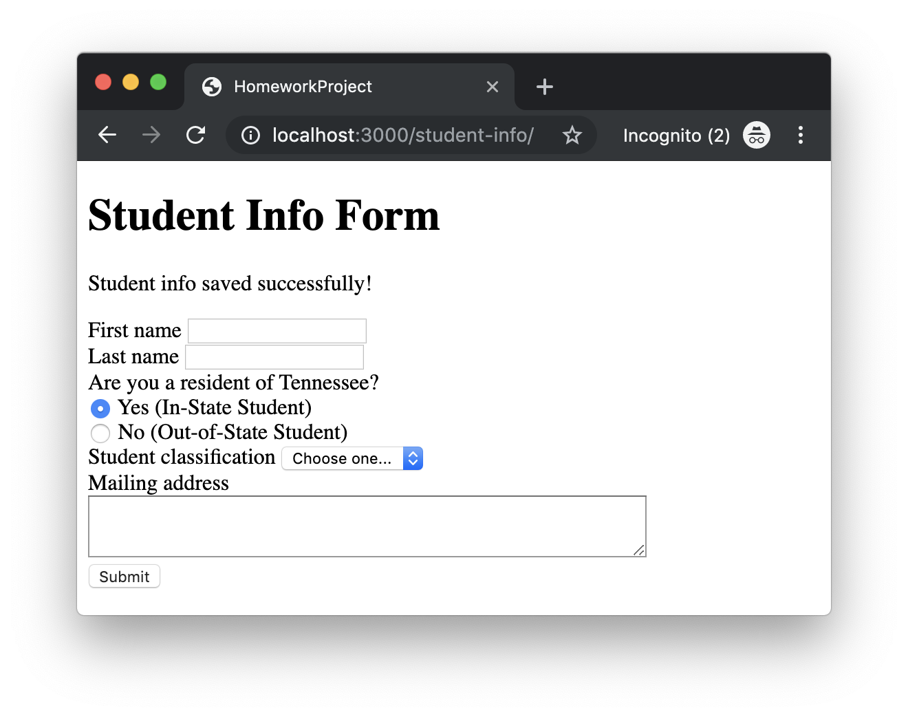 The student classification dropdown options.