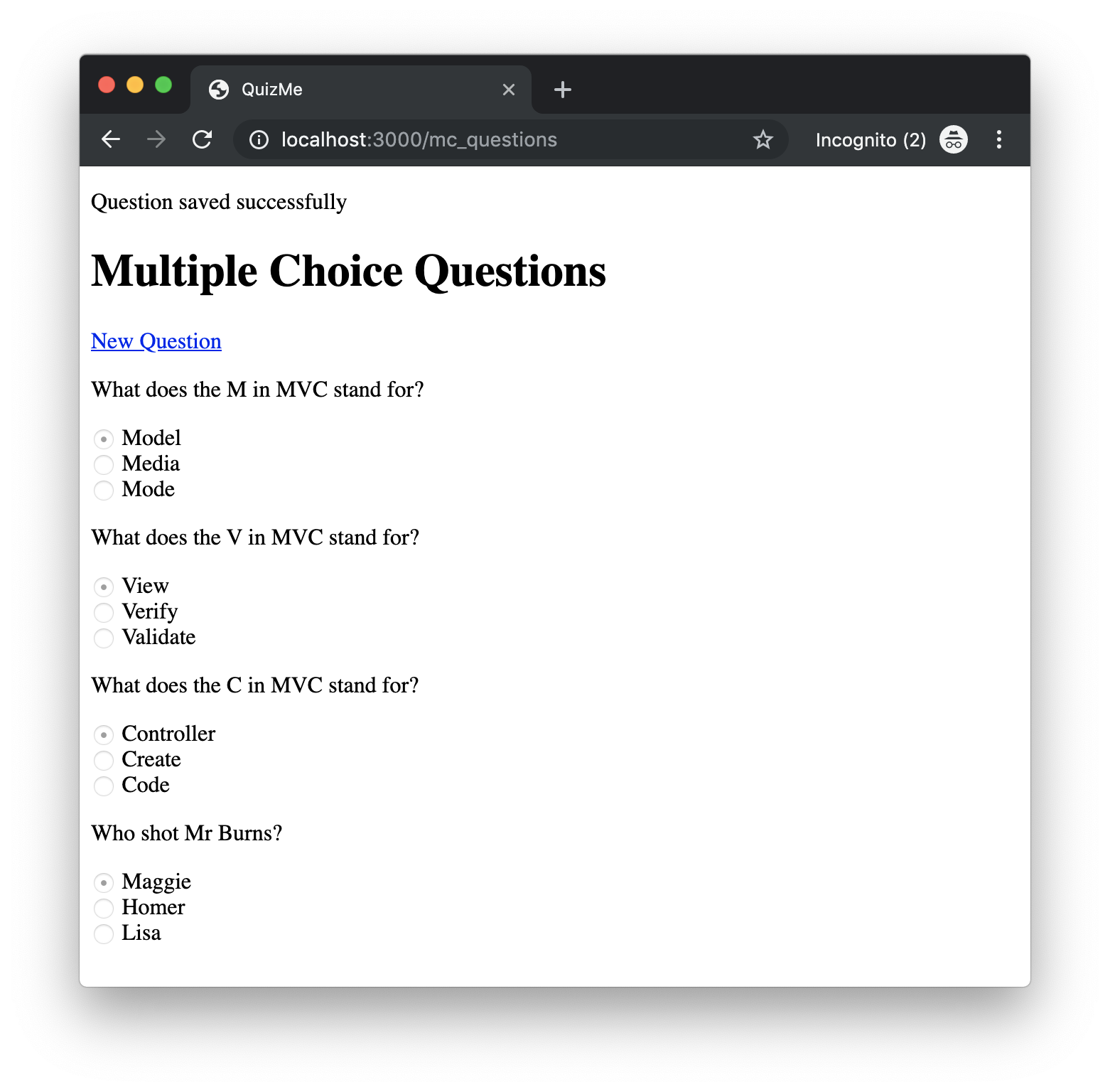 Screenshot of browser page with index page of multiple-choice questions and success notification message at the top