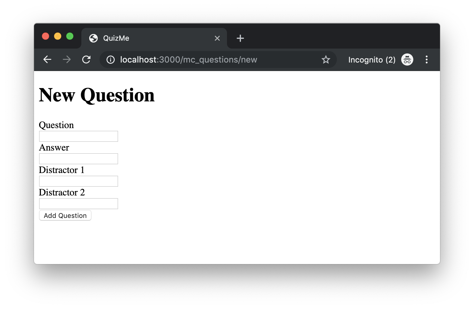 Screenshot of browser page with form for creating new multiple-choice questions