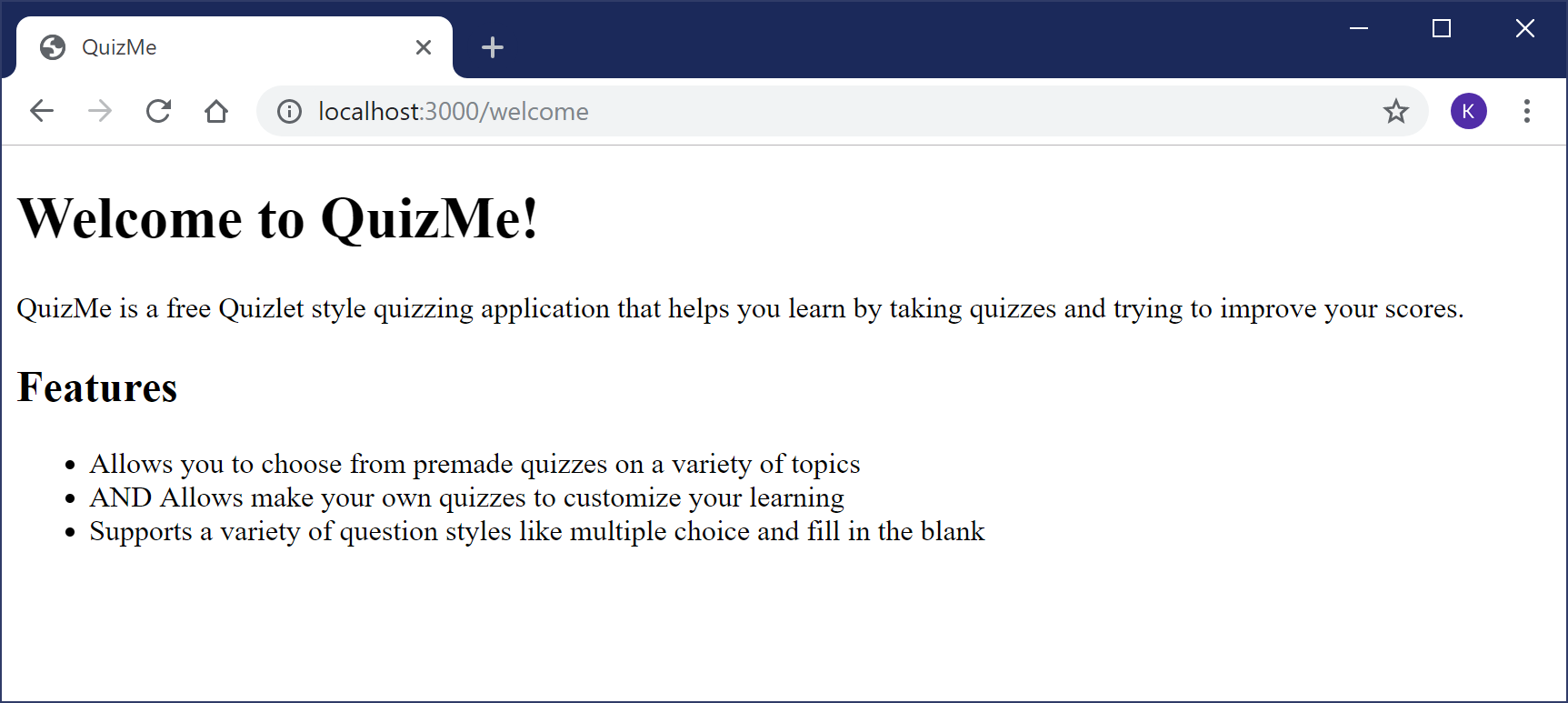 A web page that welcomes users to the QuizMe application.